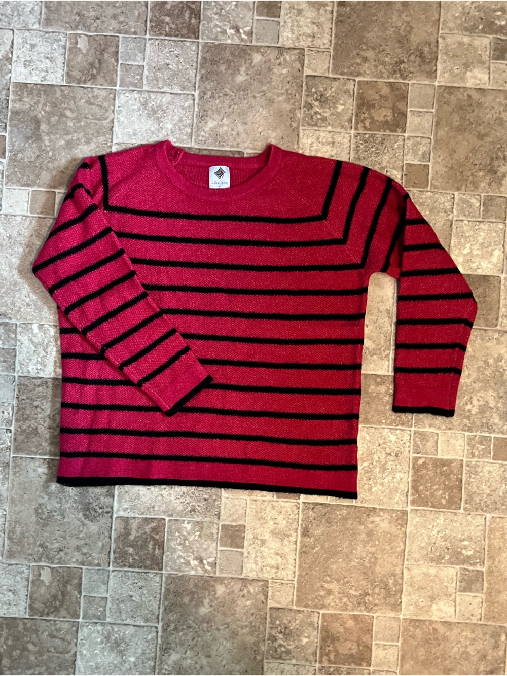 XL Like Love Women’s Crewneck Striped Sweater in Pink and Black